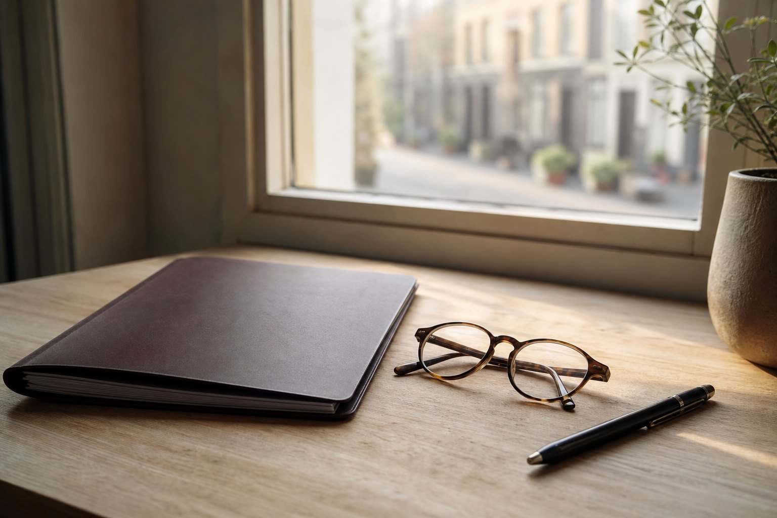 A closed folder, reading glasses and a pen on a pale timber desk