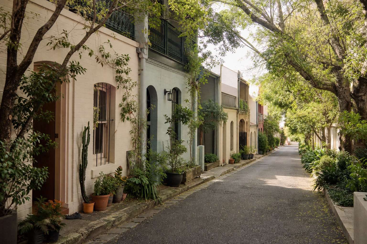 A leafy laneway of terrace houses in soft morning light
